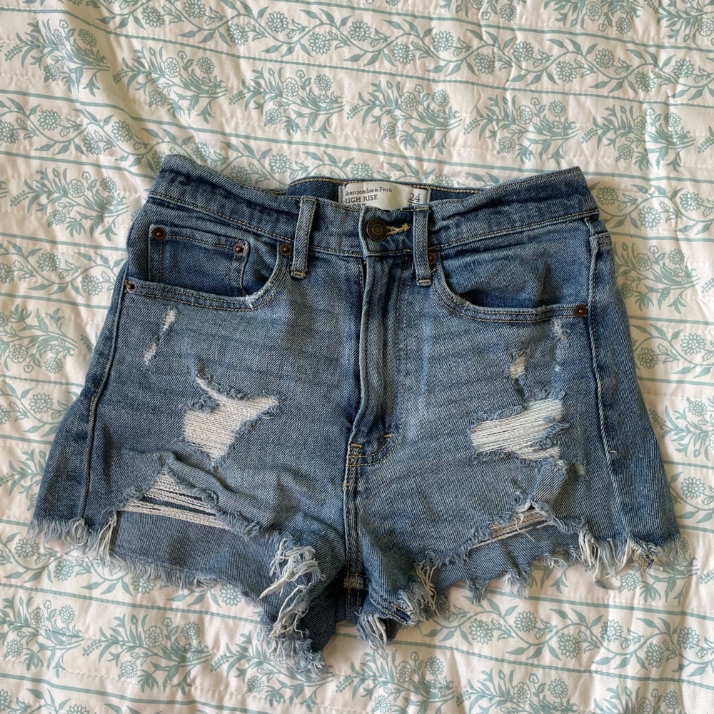 Abercrombie & Fitch Blue High-Waisted Jean Shorts Distressed